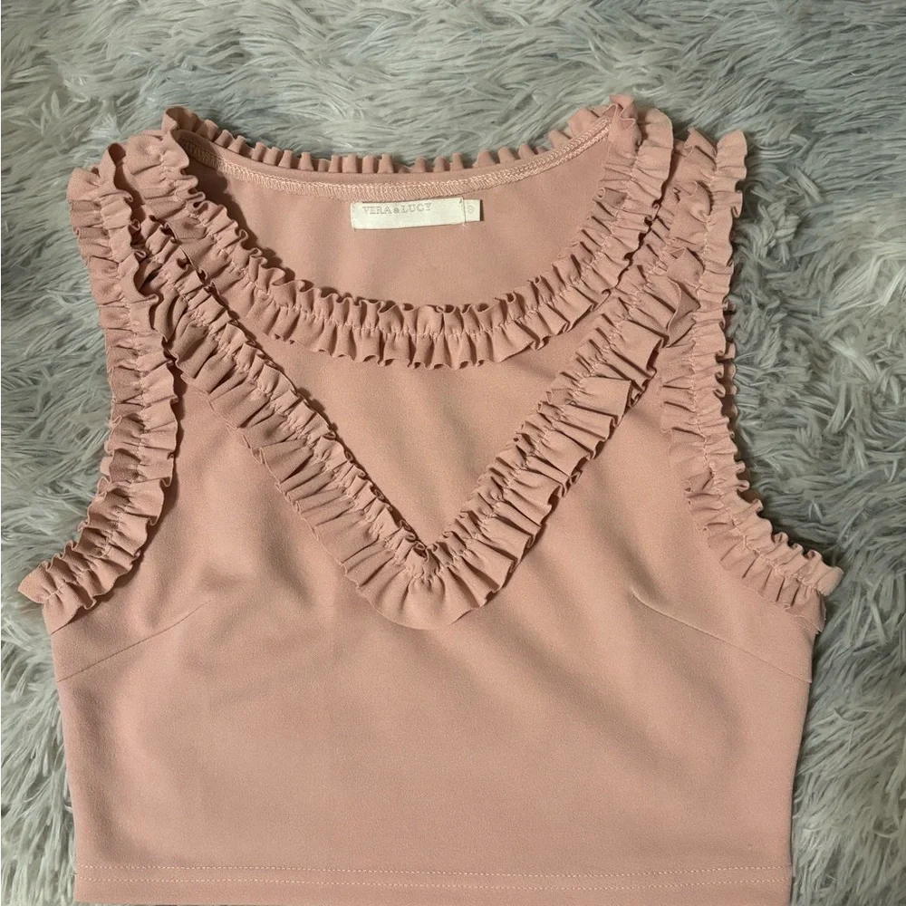 Pink Ruffled Crop Tank Top - Picture 2 of 5